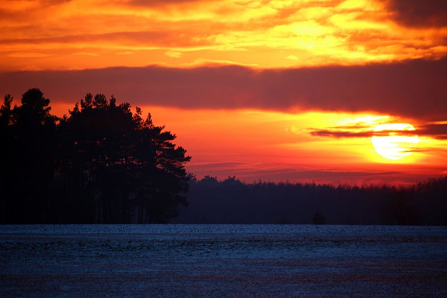Sunset, Winter, Snow, Afterglow, evening sky, dusk, snow landscape HD wallpaper