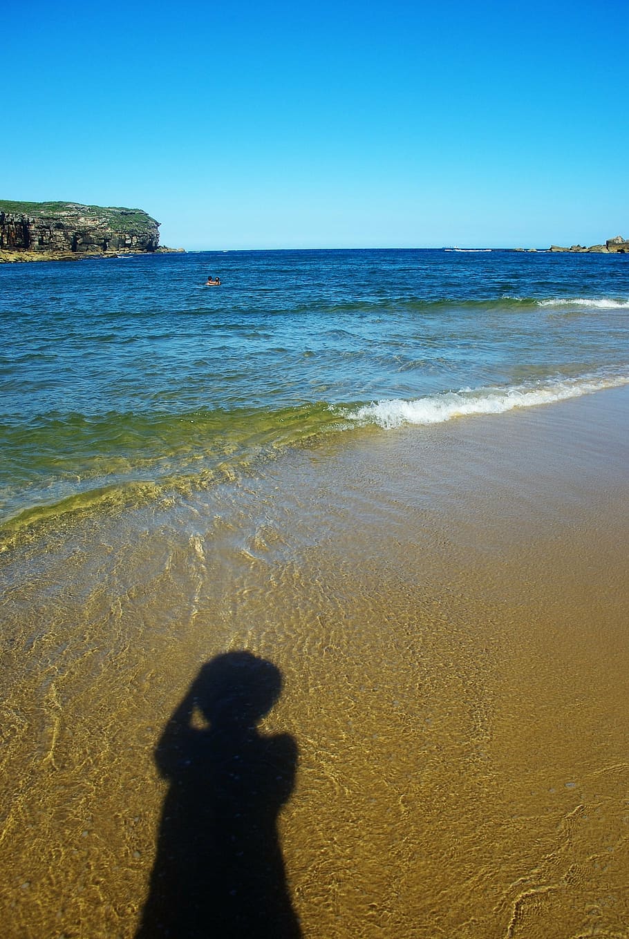shadow, ocean, beach, sand, sea, summer, coast, woman on beach HD wallpaper