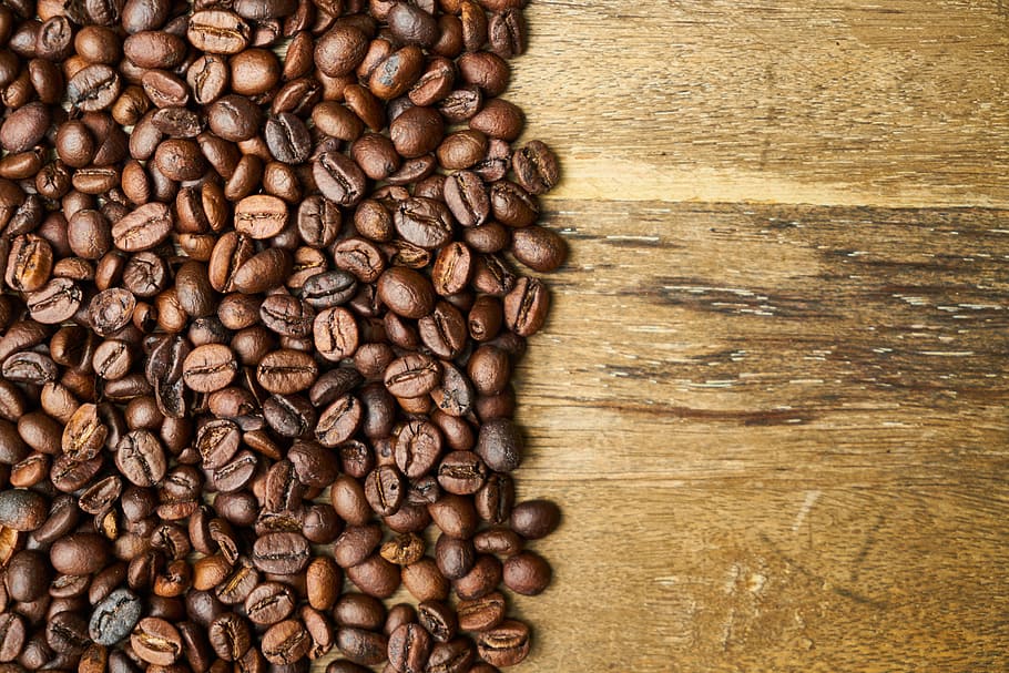 coffee beans on brown wooden surface, Caffeine, Macro, Photo