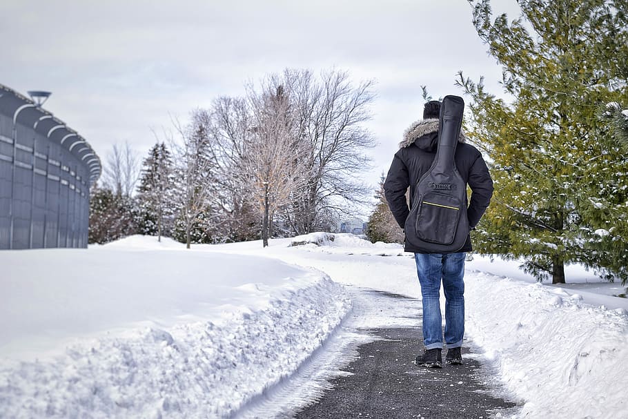 person standing on walk paht surrounded by snow, winter, cold HD wallpaper