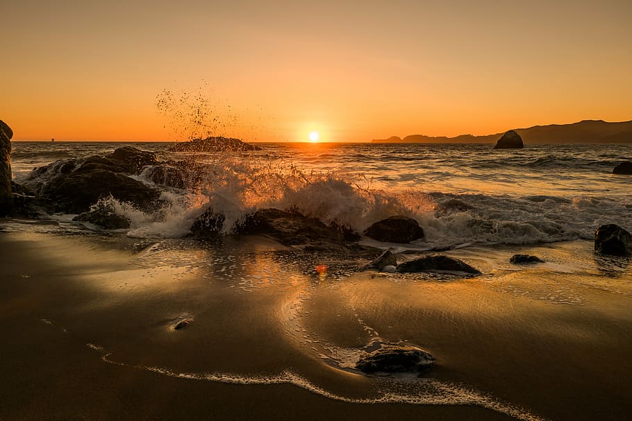 sea shore photography during sunset, beach, last light, nature HD wallpaper