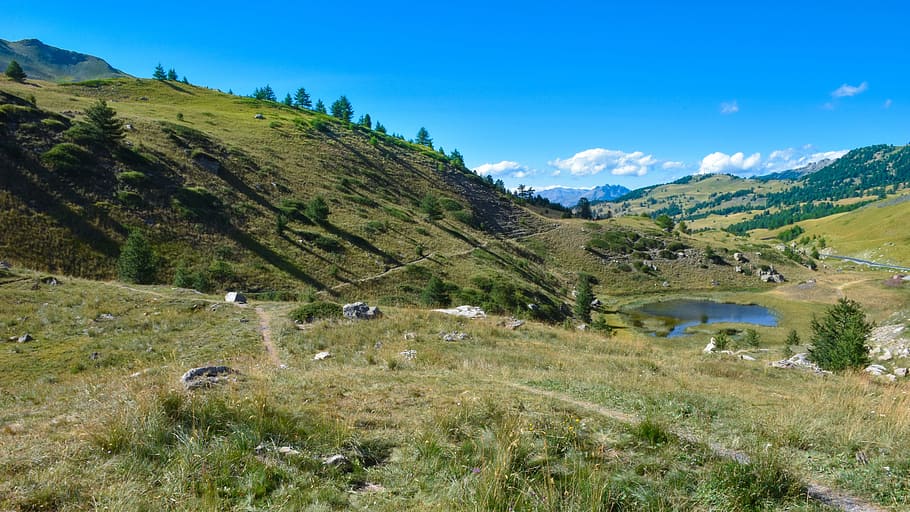 path, mountain, landscape, hiking, lake, sky, blue, cloud, hill HD wallpaper