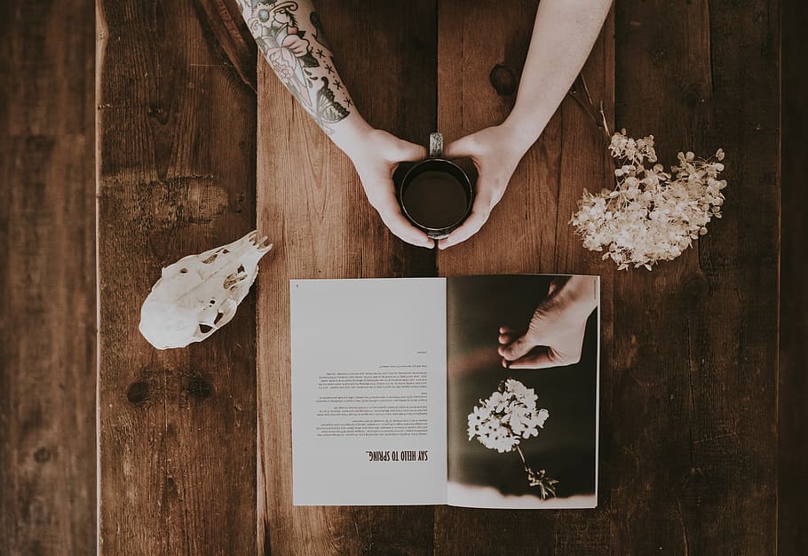 person holding cup with beverage beside white flowers and magazine flat lay photography, person holding mug between skull and flower, HD wallpaper