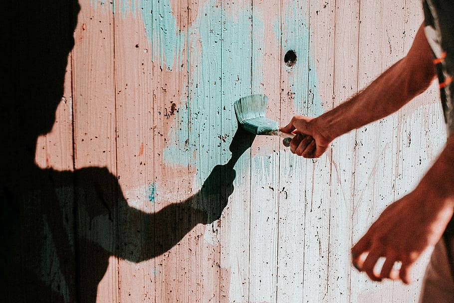 person painting wall, fence, brush, garden, art, teal, shadow HD wallpaper