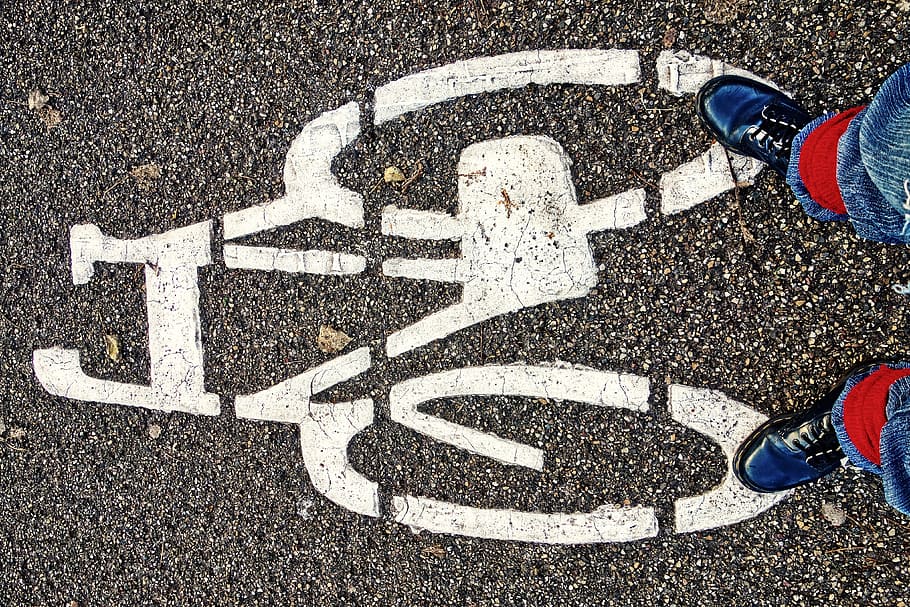 bicycle, icon, traffic sign, road, feet, shoes, standing, jeans, HD wallpaper