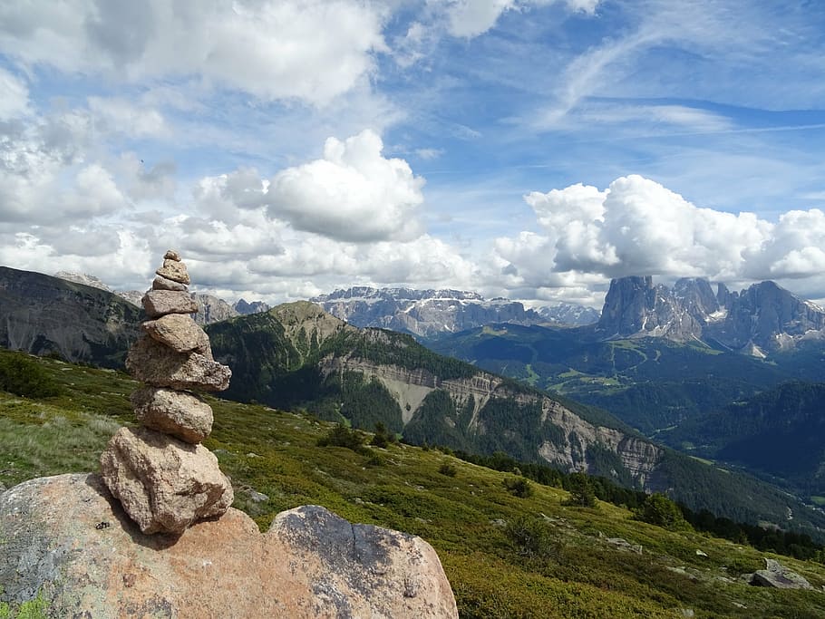 cairn, mountains, landscape, mark, cloud - sky, scenics - nature HD wallpaper