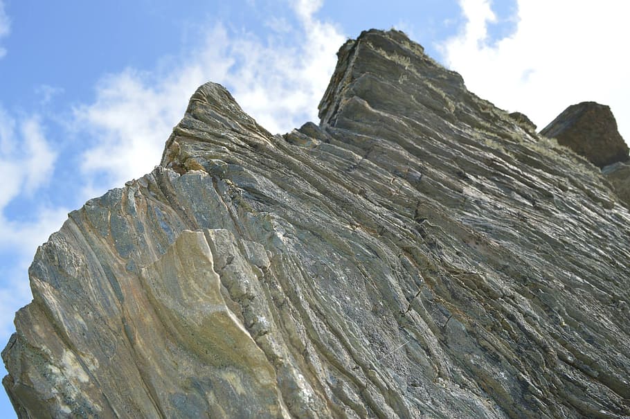 cliff, cornwall, rocks, sediments, sky, low angle view, cloud - sky HD wallpaper