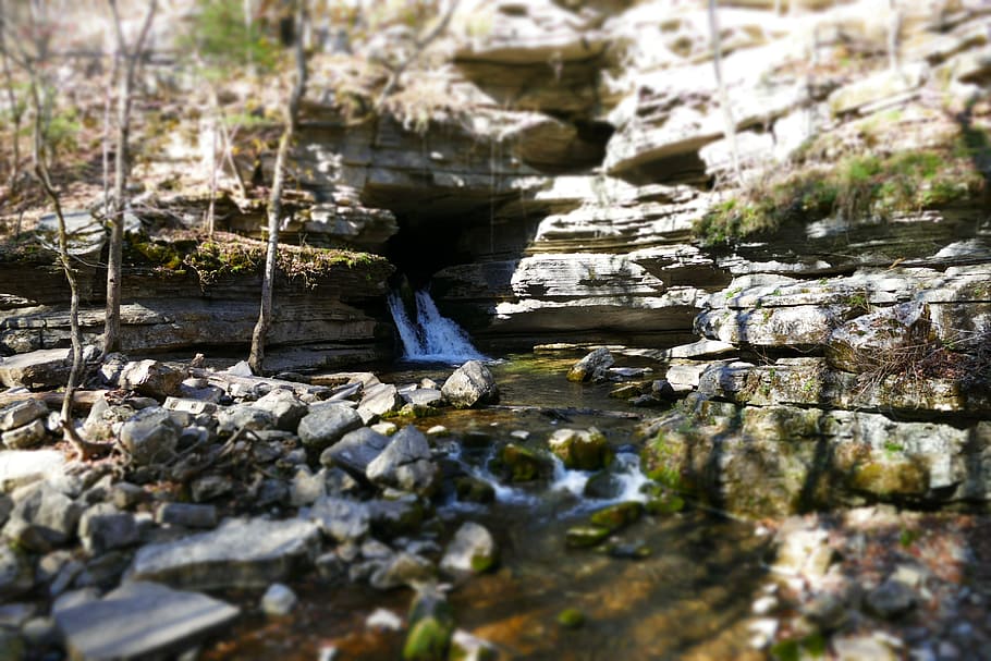creek under brown cliff, Waterfall, Cave, Rock, Rock, Forest, HD wallpaper