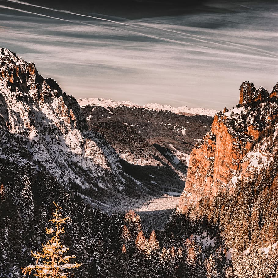 aerial photography of mountain and forest, aerial photo of mountain alps HD wallpaper