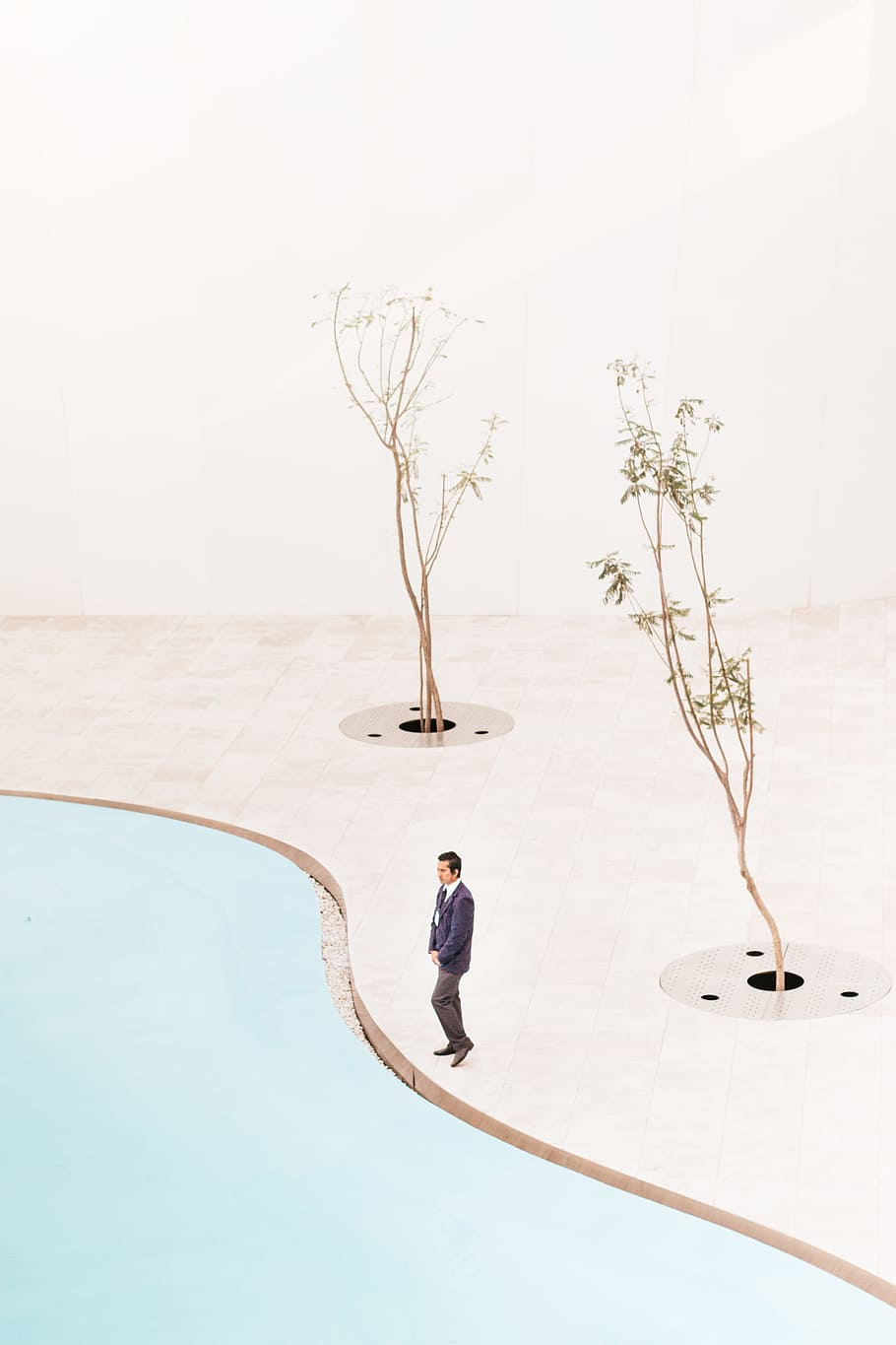 man standing near two trees at daytime, man standing beside pool and two tres painting HD wallpaper