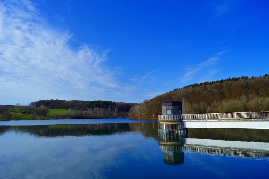 landscape, nature, sky, water, clouds, dam, daylight, forest HD wallpaper