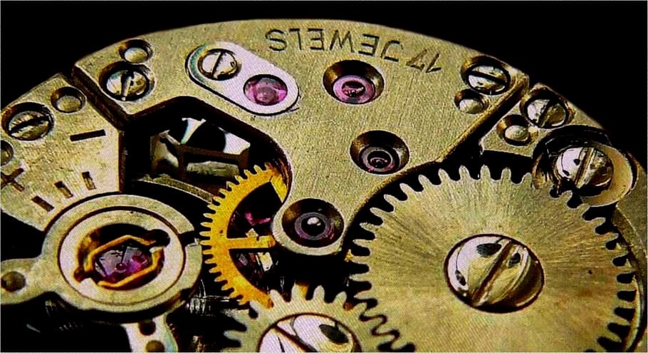 brass-colored clockwork, movement, gears, transmission, wheels HD wallpaper
