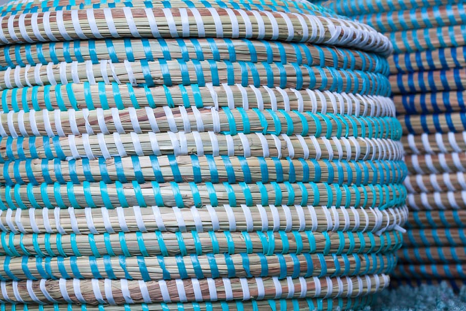 blue and white woven textile, basket, raffia basket, turquoise HD wallpaper