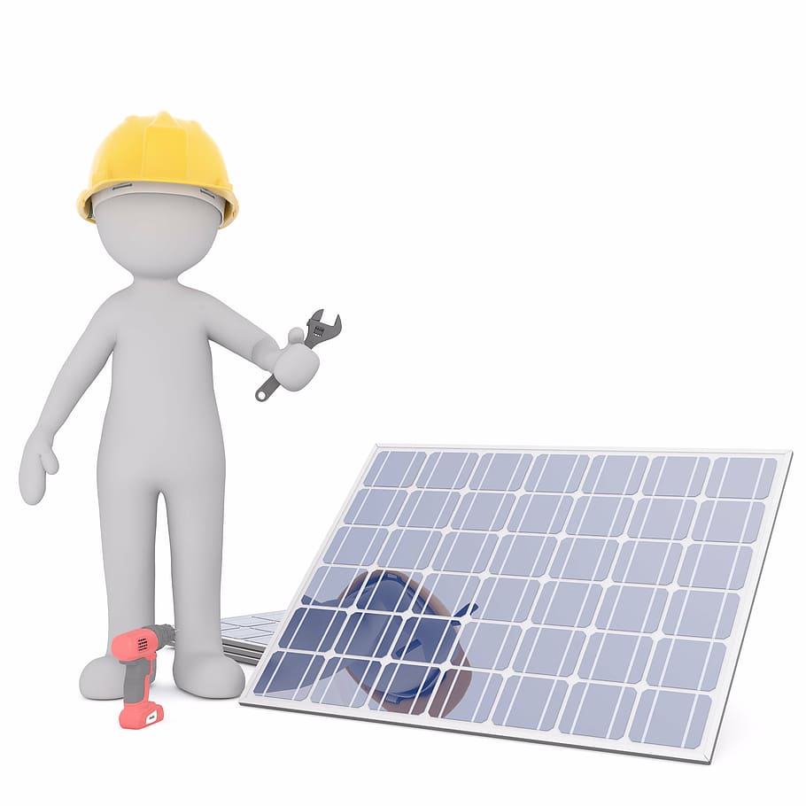 man holding adjustable wrench while standing beside solar panel, HD wallpaper