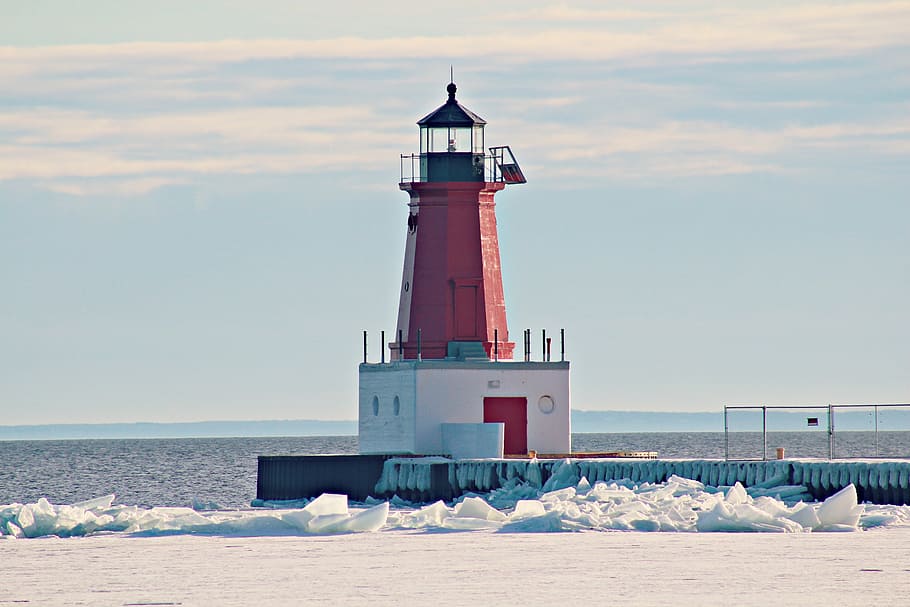 ice, lighthouse, lake, sea, beacon, nature, coastline, water HD wallpaper