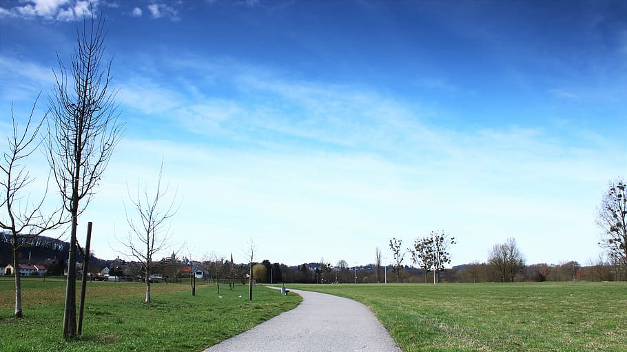 migratory path, sky, meadow, green, blue, view, dom, nature HD wallpaper