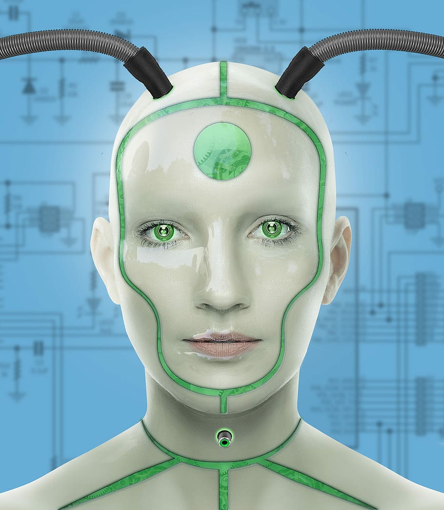 human character illustration, cyborg, woman, futuristic, cyber
