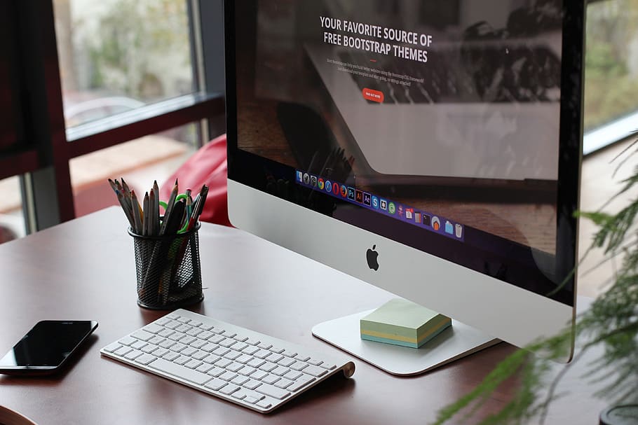 apple, desk, office, computer, display, imac, keyboard, mockup HD wallpaper