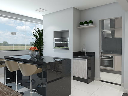 gray painted wall near sink, balcony, kitchen, 3d, render, moveis planejados HD wallpaper