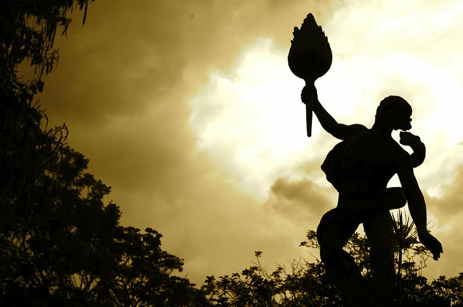 cloudy, statue, torch, nature, silhouette, sunset, outdoors HD wallpaper