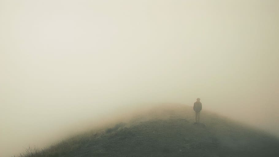 Misty Mountain Hikes, person standing on mountain photo, fog HD wallpaper