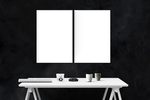 two white boards and white wooden table, mockup, wall, poster HD wallpaper