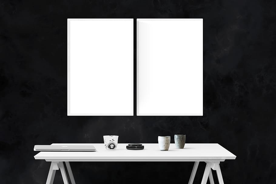 two white boards and white wooden table, mockup, wall, poster HD wallpaper
