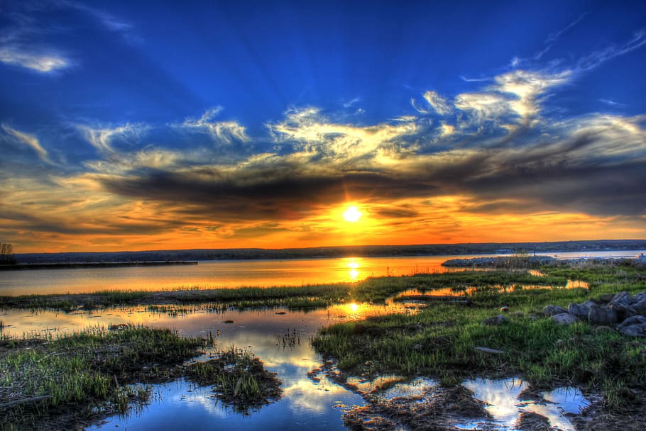body of water during sunset, lake superior, clouds, sky, colors HD wallpaper