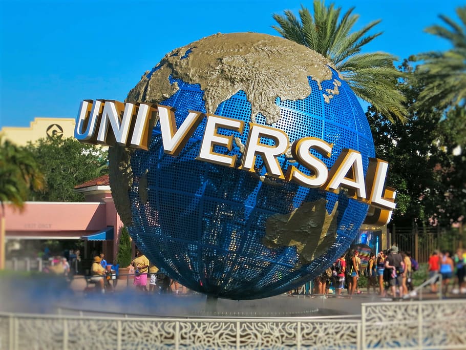 Universal logo with water fountain, universal studios, cinema, HD wallpaper