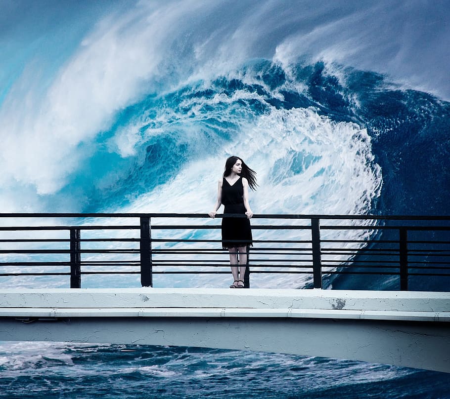 black haired woman on bridge painting, sea, ocean, waters, wave