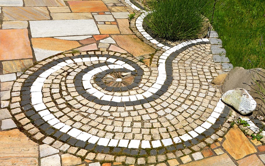 Garden, Terrace, Patch, Ornament, Spiral, mosaic, design, relaxation HD wallpaper