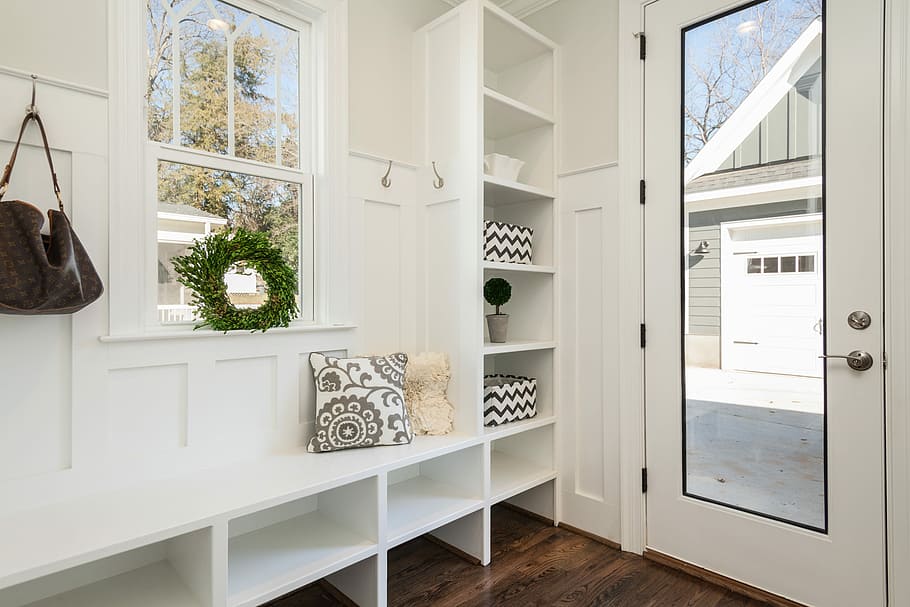 Mudroom, clear glass door near rack and chair, shelves, cupboard, HD wallpaper