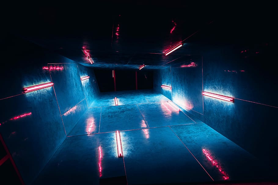 tunnel photo, narrow building interior with red light in low angle photography HD wallpaper