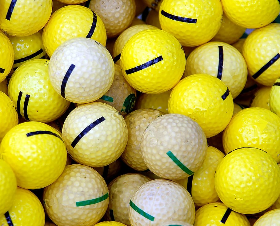 golf balls, practice, yellow, driving range, course, sport, HD wallpaper