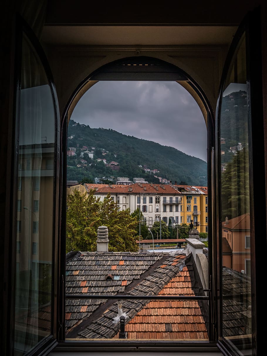 window, outlook, mountains, curtain, architecture, wooden windows, HD wallpaper