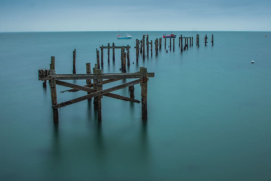 swanage, old pier, ocean, england, wooden, broken, water, sea