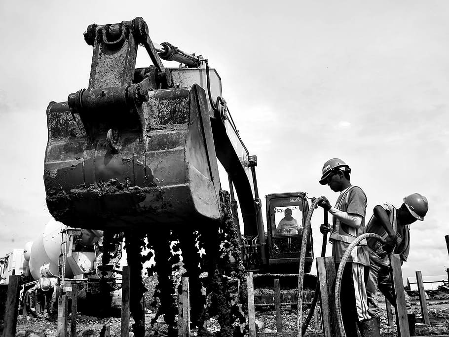 two men beside heavy equipment, excavators, vehicle, worker HD wallpaper