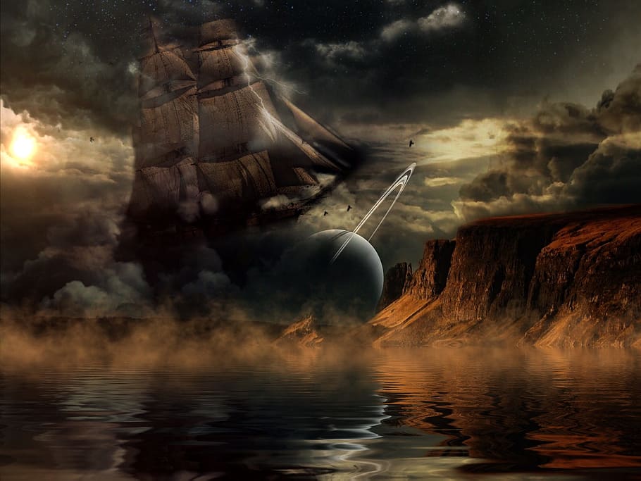 sail ship photograph in front of fallen planet above body of water HD wallpaper