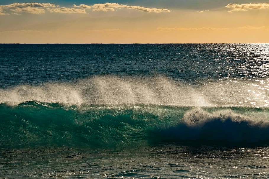 water, sea, ocean, wave, surf, horizon, sky, clouds, spray HD wallpaper