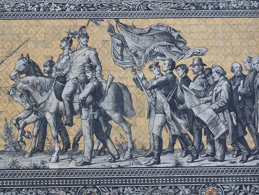 men tepestry, princes, cavalry, detail, man, horse, fahnenzug, HD wallpaper