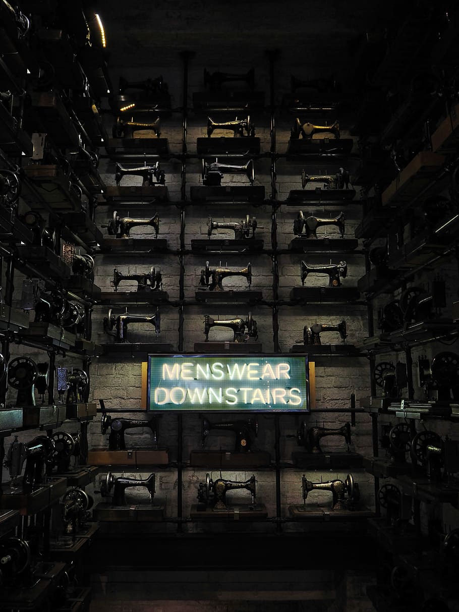 black sewing machine on rack, black sewing machine lot, sign HD wallpaper