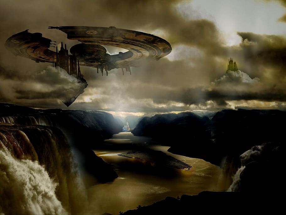 black air ship illustration, spaceship, sci fi, forward, waters HD wallpaper