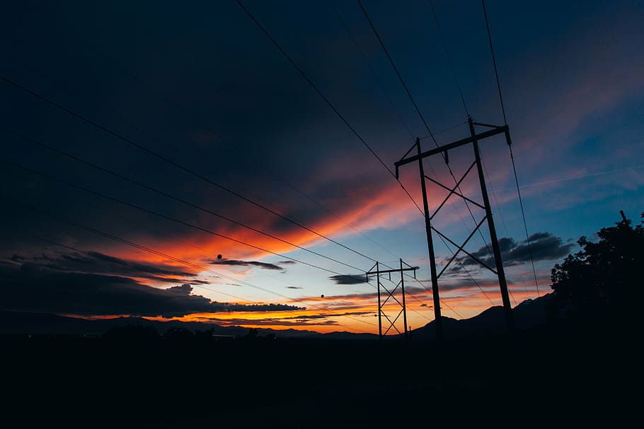 dawn, dusk, electricity, power lines, silhouette, sky, sunrise HD wallpaper