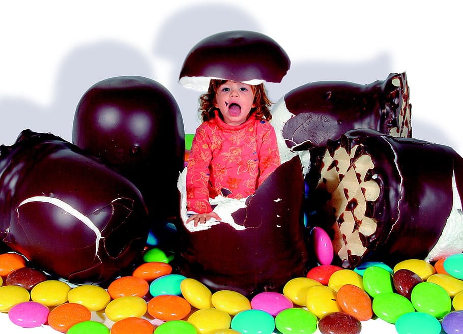 girl in chocolate wearing pink jacket, child, mohr heads, photo montage, HD wallpaper