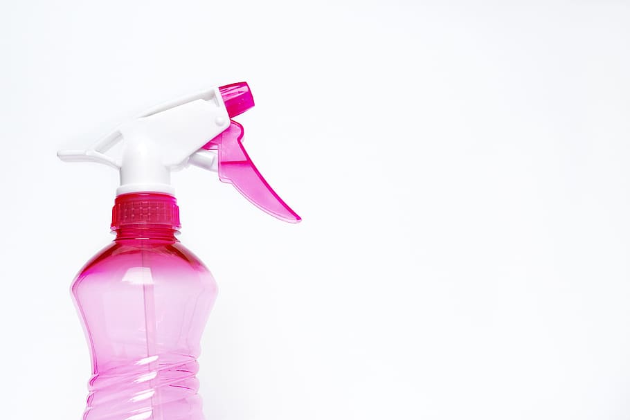 pink and white plastic spray bottle, cleaning supplies, chores