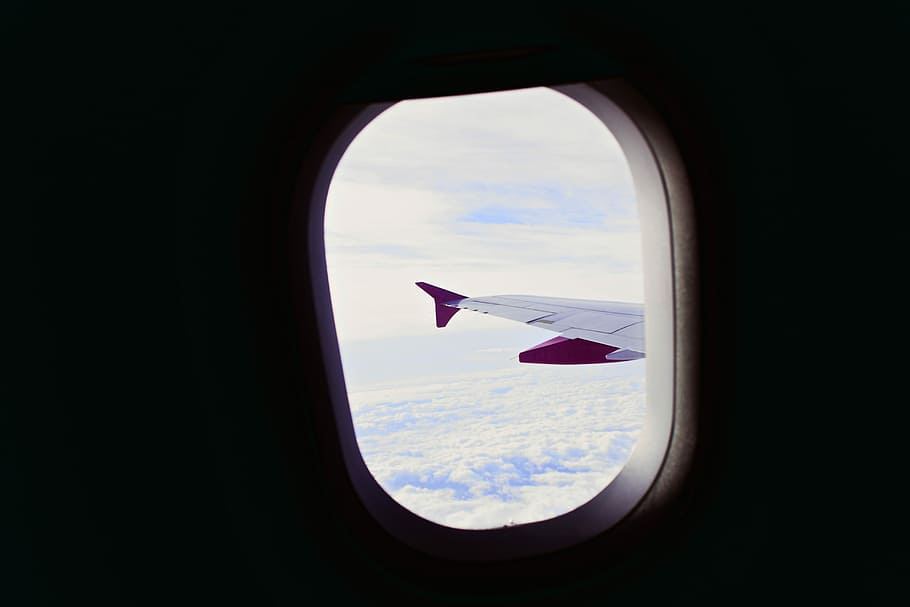 airliner wing through window, air plane window, sky, blue, air vehicle HD wallpaper