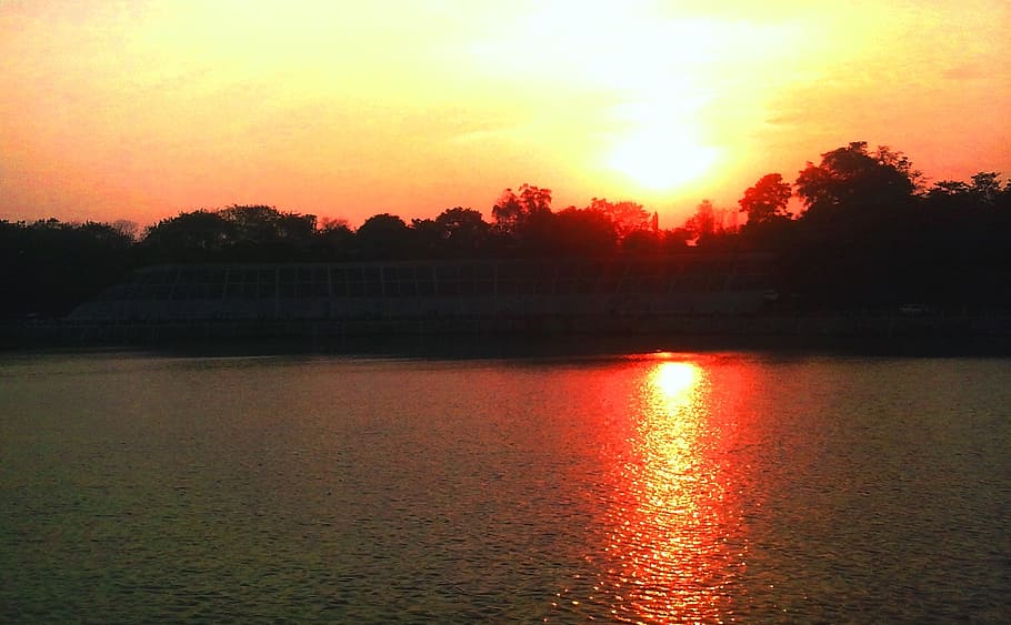 sunset, view, nature, evening sky, orange sky, lake, sea, water HD wallpaper