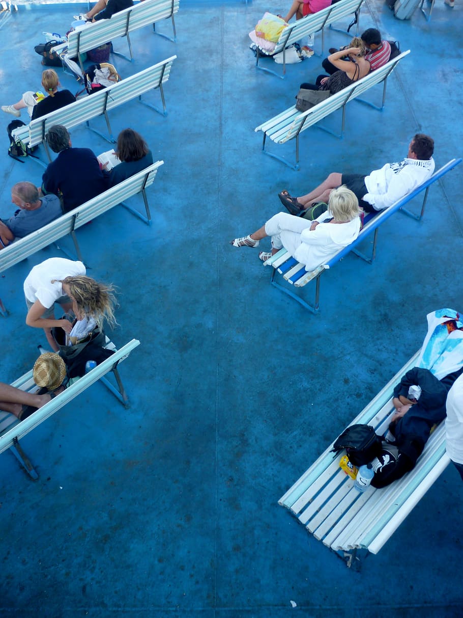 bench, blue, idleness, group of people, high angle view, large group of people HD wallpaper