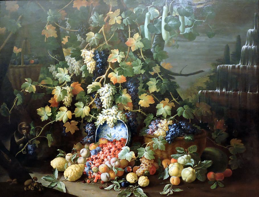 the framework, still life, fruit, grapes, leaves, monkey, fontana HD wallpaper