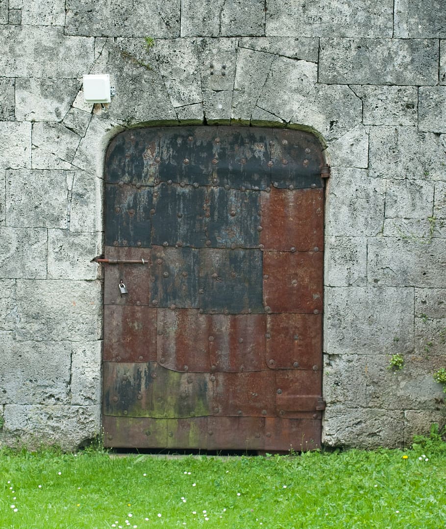 door, old, iron door, rustic, input, stone wall, grass, old building HD wallpaper